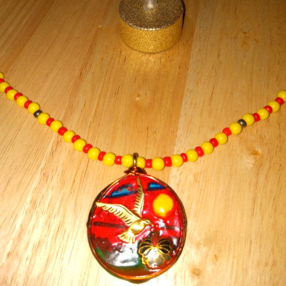Bird on a sunset background emblem necklace (unisex)